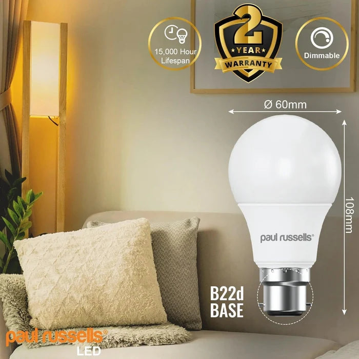 12 X LED Dimmable B22 8.5W (60W) Warm White GLS Bayonet Cap Light Bulbs — rear view