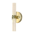 Aberdeen satin brass bathroom wall light with twin ribbed glass tubes glowing