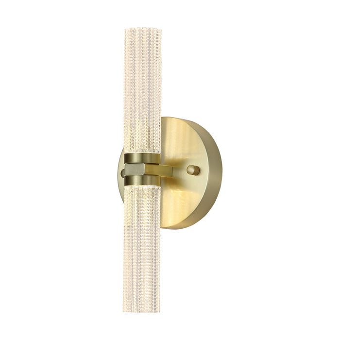 Aberdeen satin brass bathroom wall light with twin ribbed glass tubes glowing