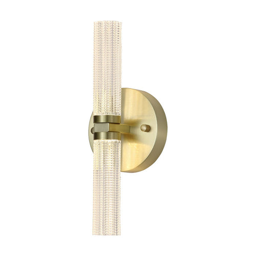 Aberdeen satin brass bathroom wall light with twin ribbed glass tubes glowing