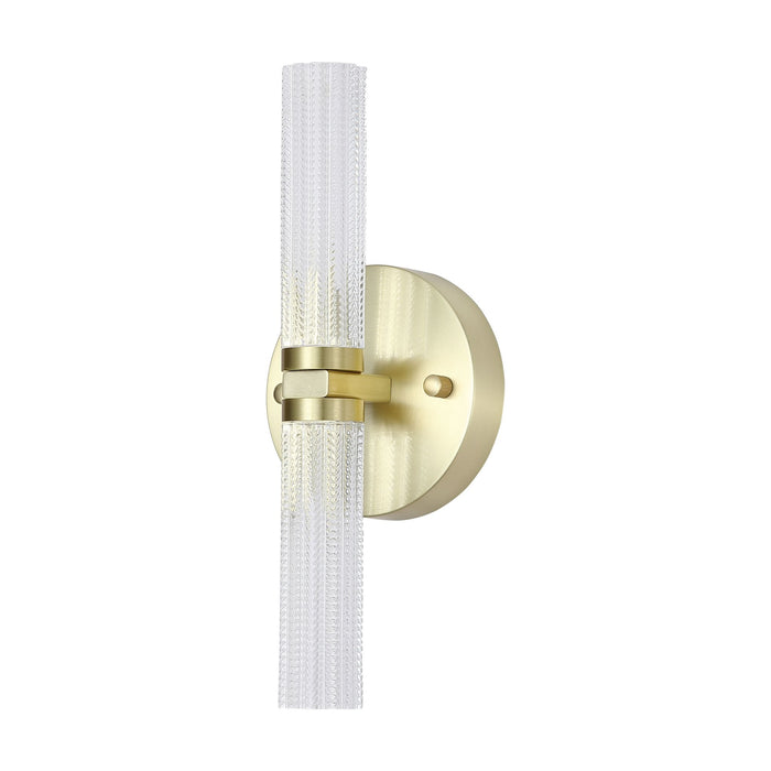 Aberdeen satin brass twin ribbed glass bathroom wall light unlit on a white background