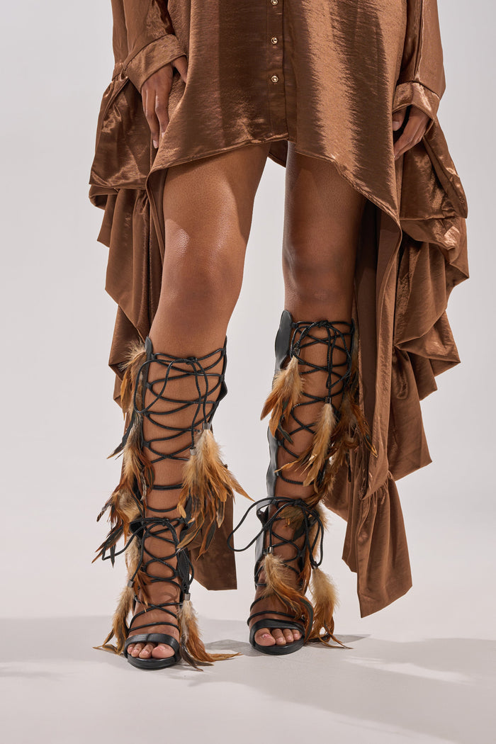 AKIRA GOLD RAYYA BLACK MULTI PU GLADIATOR FEATHER EMBELLISHED STILETTO SANDAL