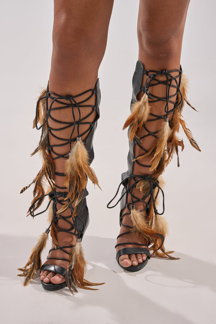 AKIRA GOLD RAYYA BLACK MULTI PU GLADIATOR FEATHER EMBELLISHED STILETTO SANDAL