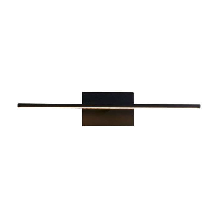 Amalfi matt black bathroom wall light lit, slender LED bar on a square backplate