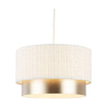 Amelie two tier ceiling shade lit, textured white woven upper drum over a champagne silver band
