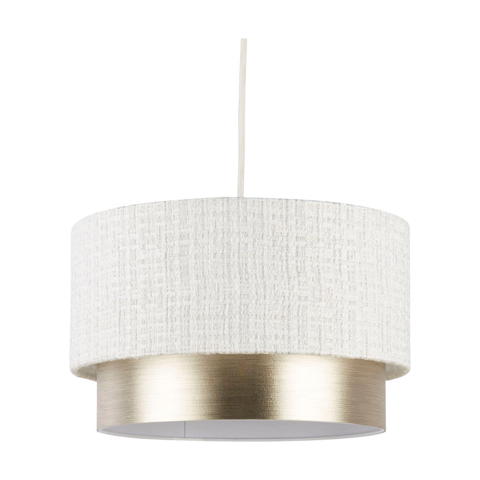 Amelie two tier ceiling lampshade unlit, white woven drum above a champagne metallic lower tier