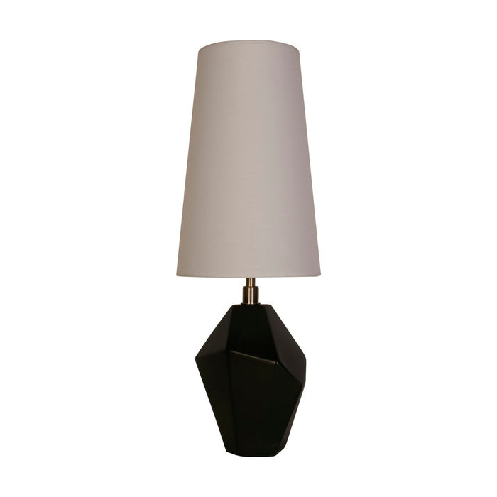 Apex table lamp unlit with white tapered shade and faceted black base on a white background