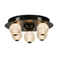 Asteroid matt black flush ceiling light with five faceted crystal-effect glass globes lit