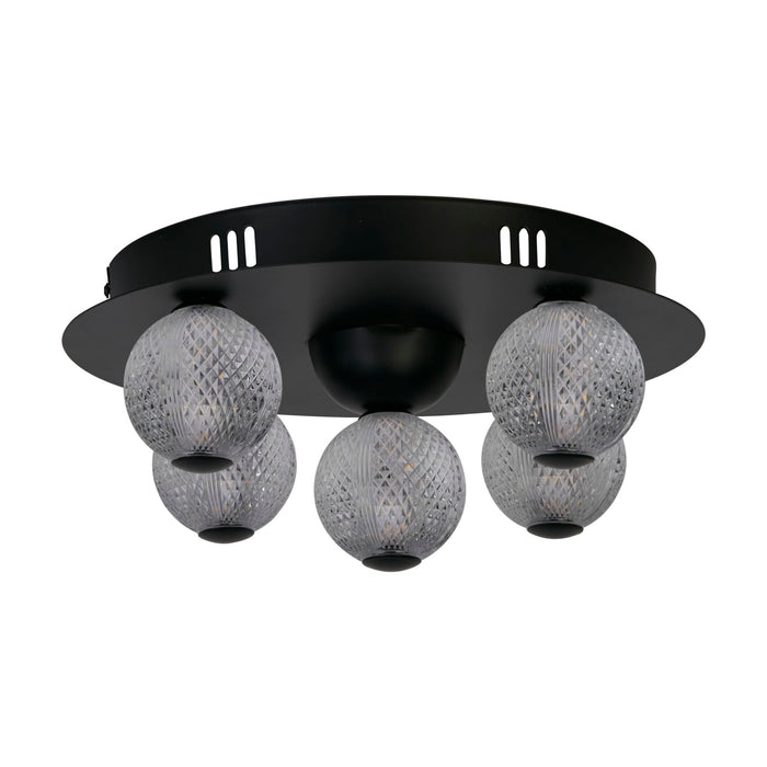 Asteroid matt black five-globe flush ceiling light unlit on a white studio background