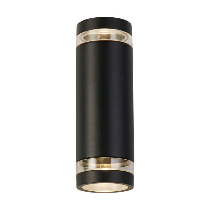 Austin black wall light lit up and down with clear glass bands on a slim cylinder