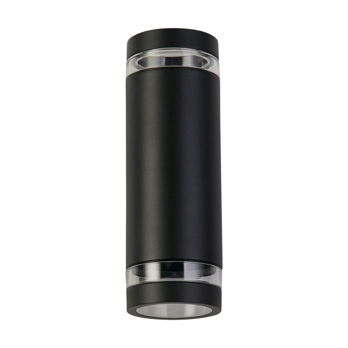 Austin black cylindrical up and down wall light unlit on white with clear glass bands