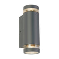 Austin light grey outdoor wall light lit, cylindrical up and down body with clear glass trims