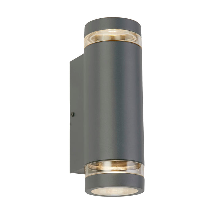 Austin light grey outdoor wall light lit, cylindrical up and down body with clear glass trims