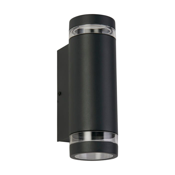 Austin light grey outdoor wall light unlit on white, ribbed cylinder with clear lenses and back plate