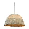 Bamboo ombre stripe dome ceiling shade lit on a white flex showing natural and blue striped weave