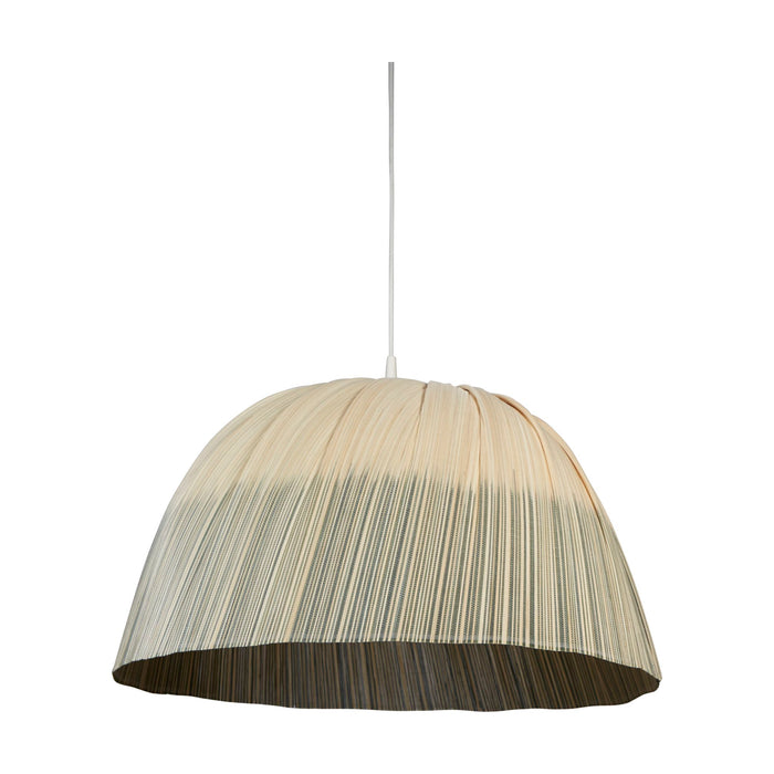 Bamboo ombre stripe dome lamp shade unlit on white with natural and blue striped bamboo weave