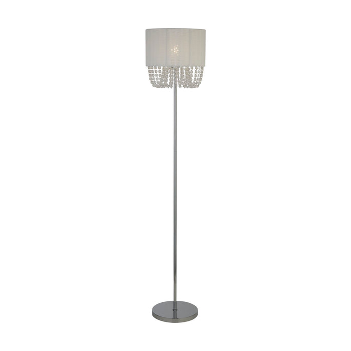 Bellano chrome floor lamp lit with a white shade and cascading acrylic bead fringe