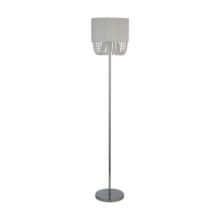 Bellano chrome floor lamp unlit on white with white drum shade and acrylic bead fringe