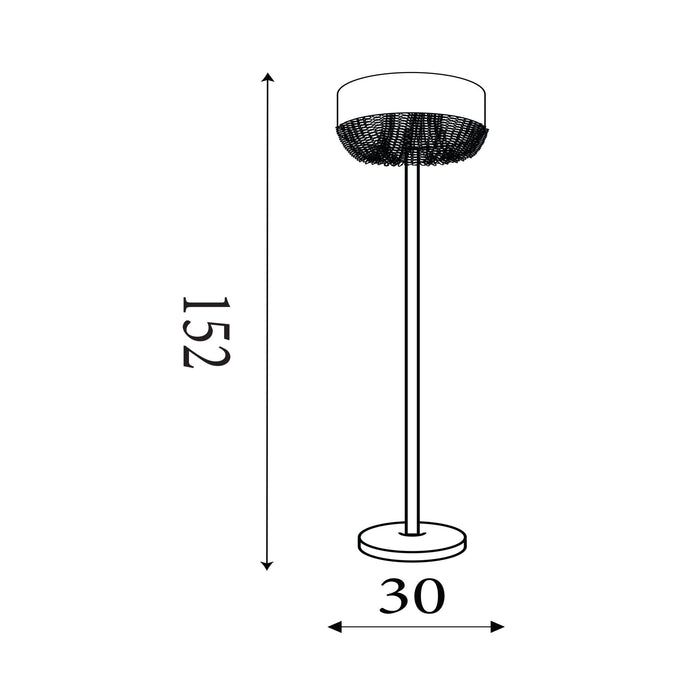 Dimension diagram of the Bellano, Chrome, Floor Lamp - Acrylic Bead Fringe with height and width in cm.