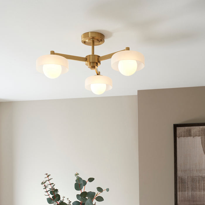 Boss 3 Light Brass Pendant With Opal Glass Shades by Endon Lighting — suits living rooms, dining rooms & hallways