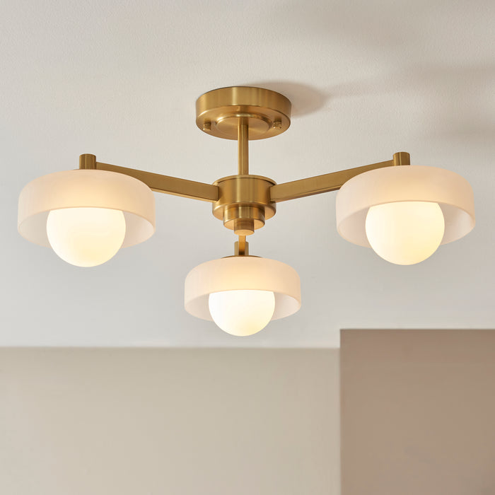 Boss 3 Light Brass Pendant With Opal Glass Shades — lifestyle setting