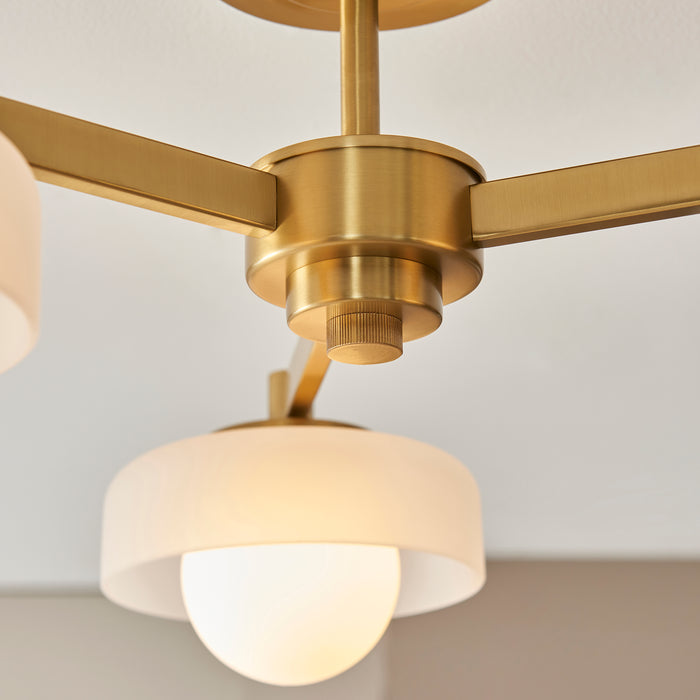 Boss 3 Light Brass Pendant With Opal Glass Shades — side profile