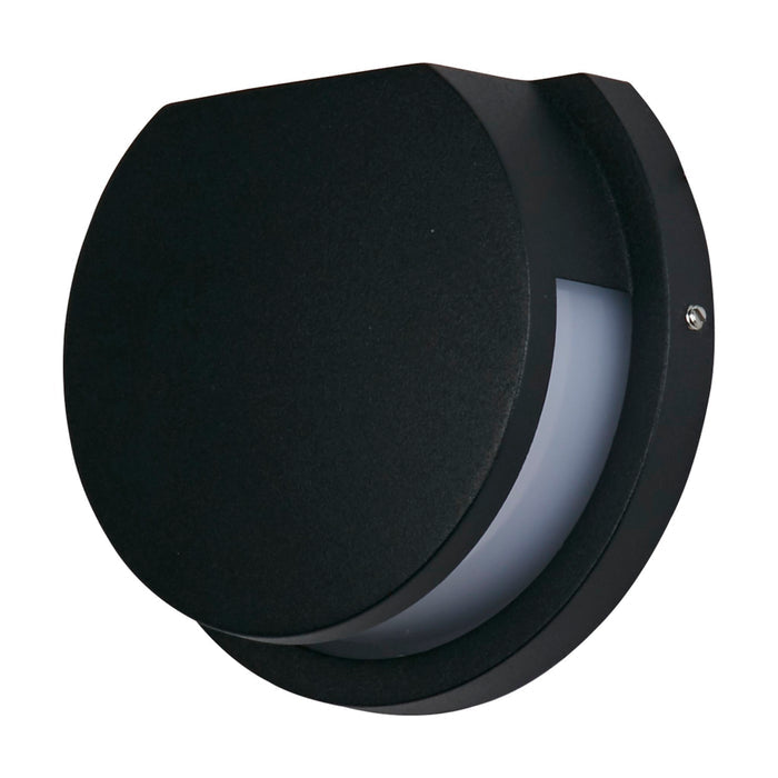 Chiswick round black LED wall light unlit on white with crescent diffuser detail
