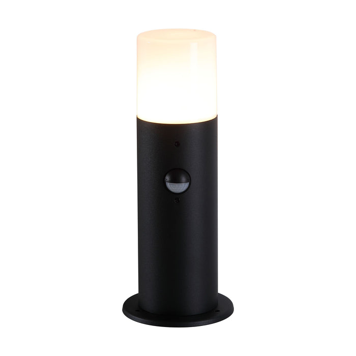 Colorado black aluminium LED bollard lit with glowing opal diffuser and built-in PIR sensor