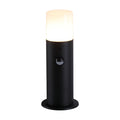 Colorado black aluminium LED bollard lit with glowing opal diffuser and built-in PIR sensor
