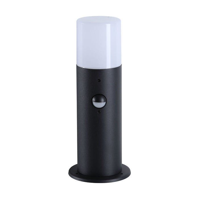 Colorado black aluminium LED bollard unlit on white, opal top diffuser and round ground plate