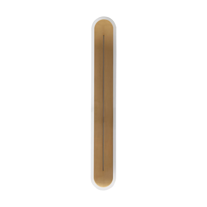 Couper satin brass arched LED bathroom wall light unlit on a white studio background