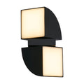 Dakota black outdoor wall light lit with two glowing square LED panels on curved black brackets