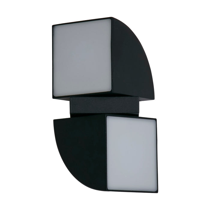 Dakota black outdoor wall light unlit on white, twin square panels on curved offset black plates