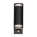 Detroit black up and down wall light lit with a ribbed cylinder and PIR sensor below
