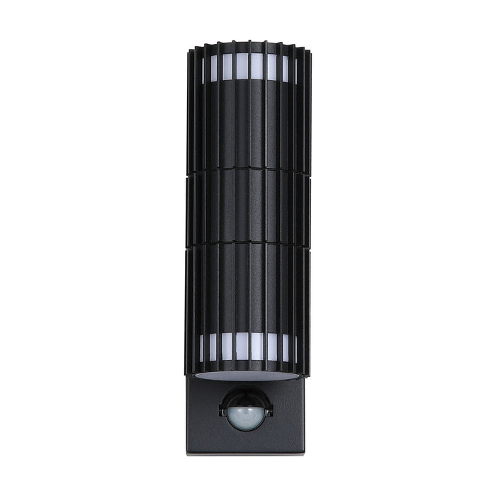 Detroit black ribbed cylinder wall light unlit on white with PIR sensor beneath