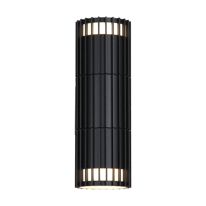 Detroit matt black wall light lit up and down through a ribbed slatted cylinder