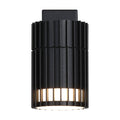 Detroit matt black outdoor wall light lit, slatted cylinder shade with warm light through the fins