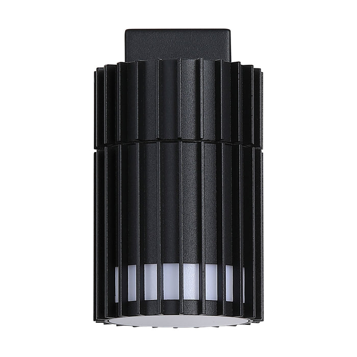 Detroit matt black outdoor wall light unlit on white, ribbed slatted cylinder on a square backplate