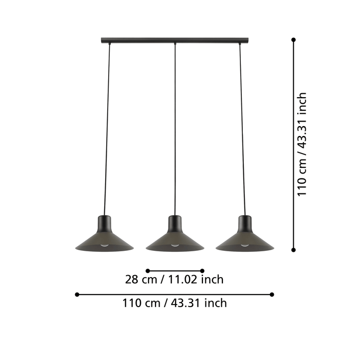 eglo abreosa 3 light grey black metal conical ceiling pendant living room close up