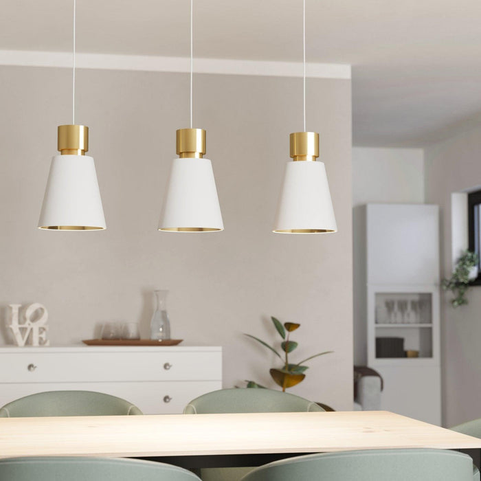 eglo aglientina 3 light brass white fabric shade pendant