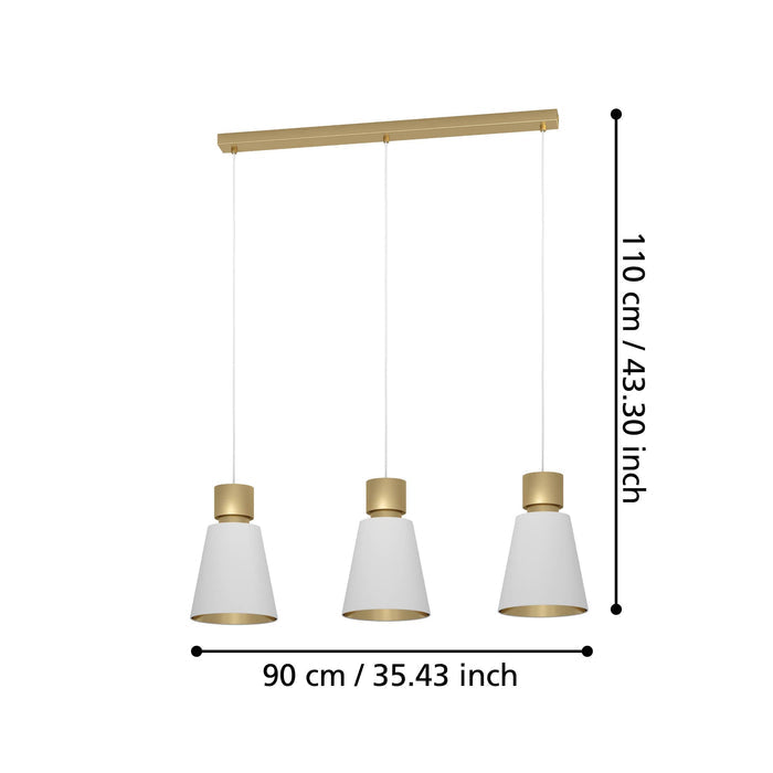 eglo aglientina 3 light brass white fabric shade pendant living room close up