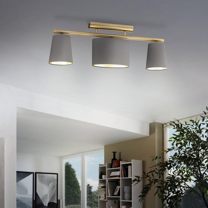 eglo almeida 2 3 light brass flush ceiling light with grey shades