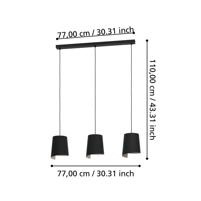 eglo bolivia 3 light black metal shade ceiling pendant living room close up