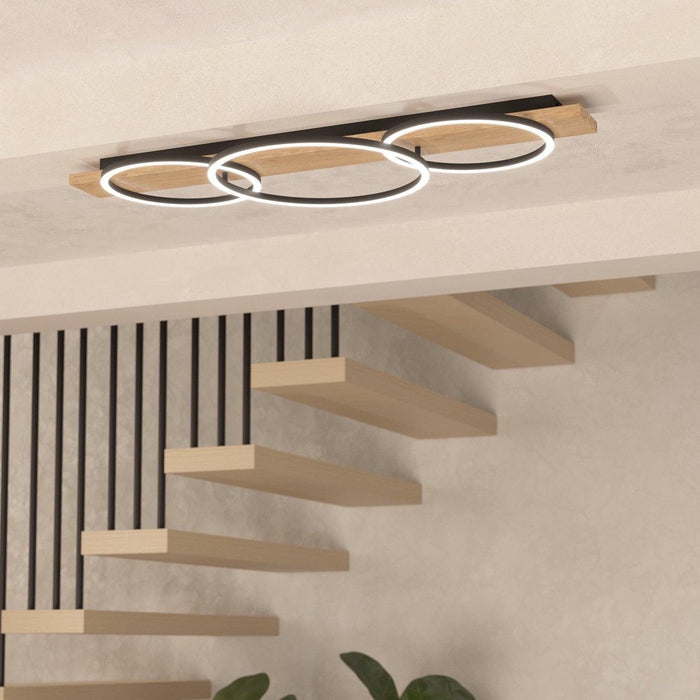 eglo boyal oak wood veneer 3 circular led ceiling flush
