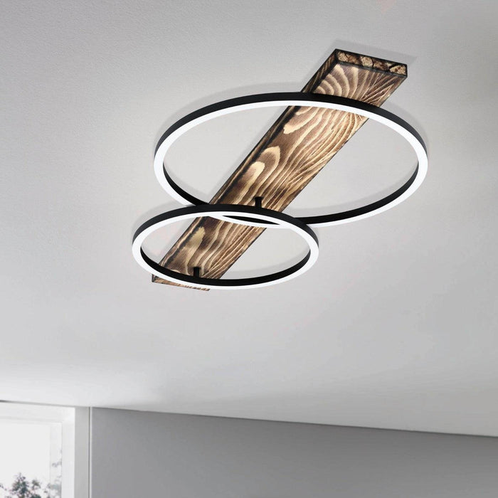 eglo boyal rustic wood 2 circular led flush ceiling light living room image