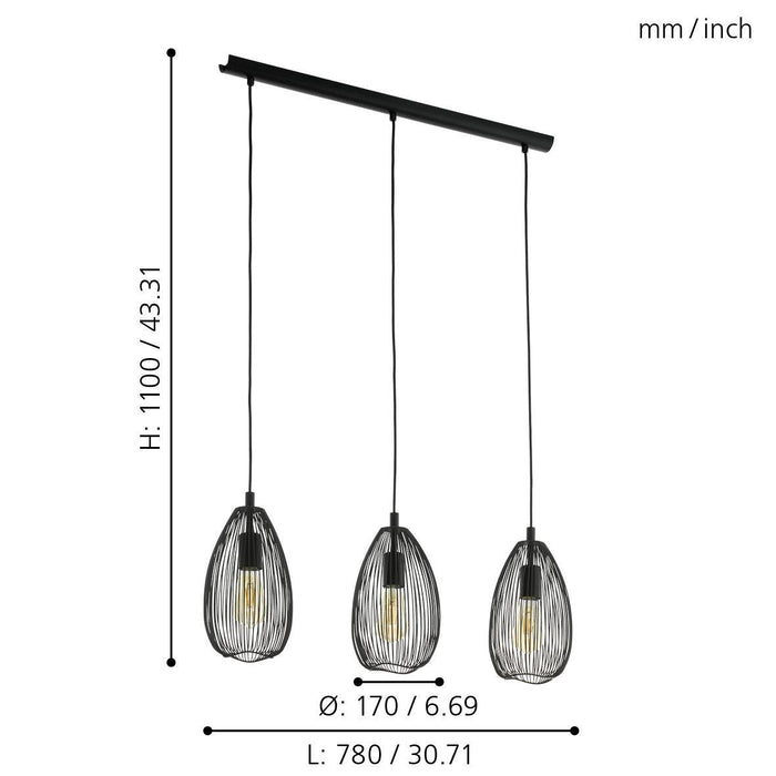 eglo clevedon 3 light teardrop black wire ceiling pendant living room close up