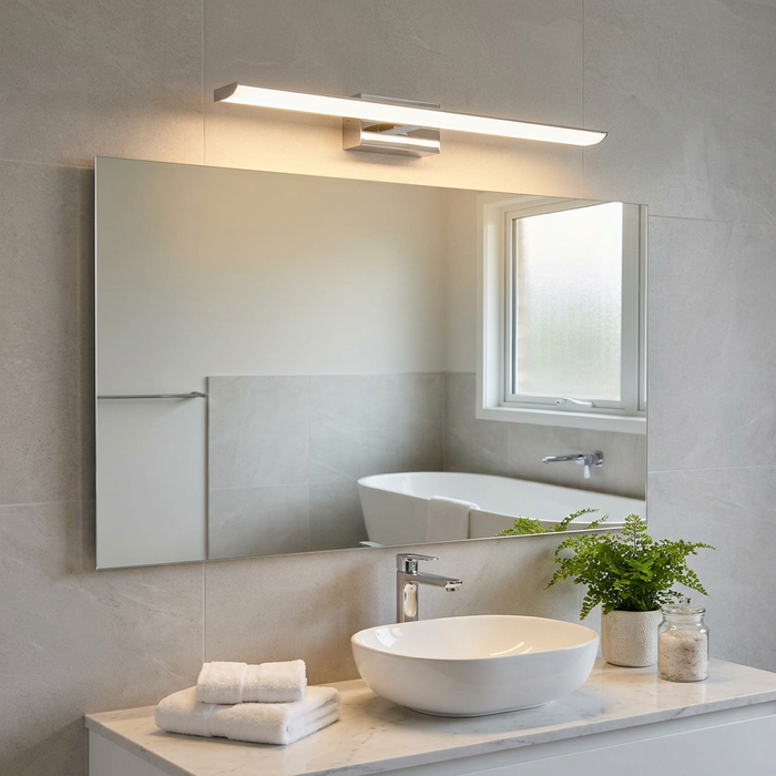 A sleek chrome LED wall light bar mounted above a large bathroom mirror over a white vessel sink and vanity.