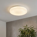 Round white LED flush ceiling light with a subtle glitter effect illuminating a room with a potted plant.