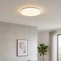 A round white LED flush ceiling light illuminating a modern room with a grey wall and green plant.