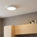 White circular LED flush mount ceiling light installed on a white ceiling above wooden cabinetry.